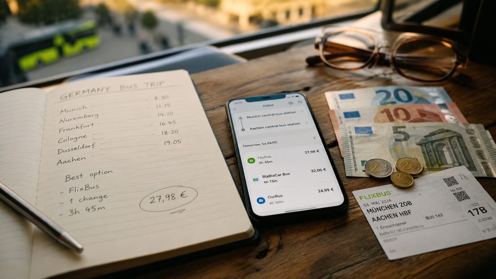 Cennik busów do Niemiec 2026 — porównanie cen FlixBus i przewoźników door-to-door, notes z trasą Monachium–Akwizgran, telefon z aplikacją i banknoty euro